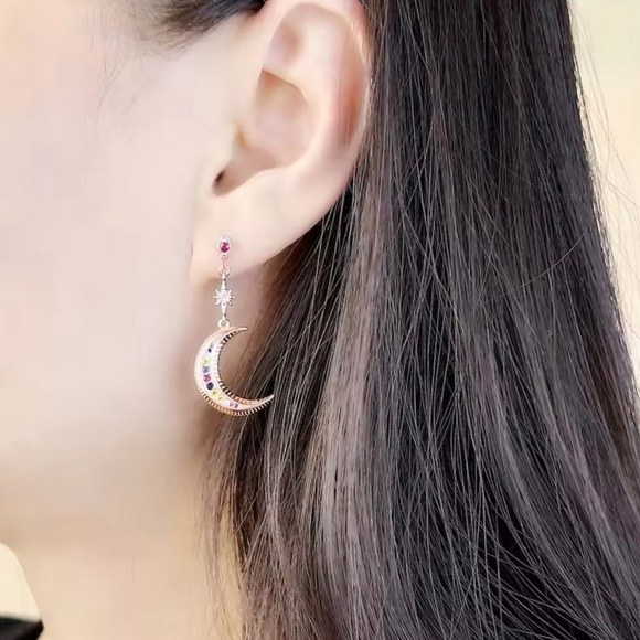 NWOT crescent moon and star dangle earrings, Sterling silver 18k rose gold plt - Picture 3 of 17